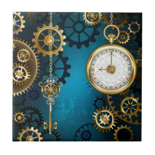 Steampunk turquoise Background with Gears Ceramic Tile