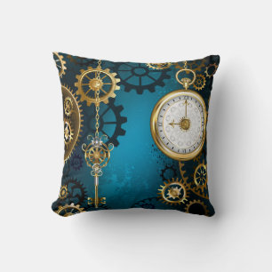 Steampunk turquoise Background with Gears Cushion