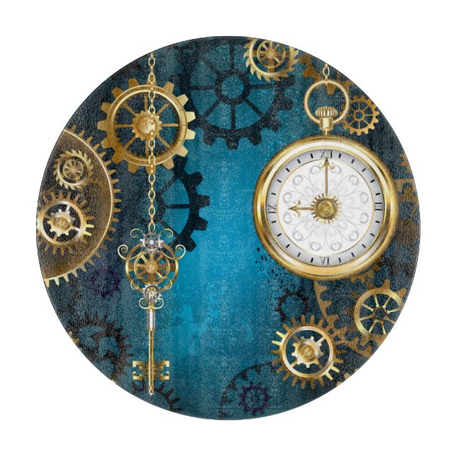 Steampunk turquoise Background with Gears Cutting Board (Front)