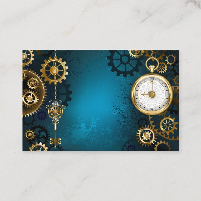 Steampunk turquoise Background with Gears Discount Card (Front)