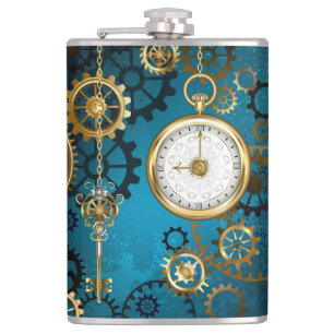 Steampunk turquoise Background with Gears Hip Flask