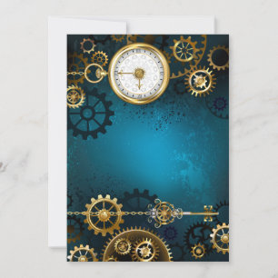 Steampunk turquoise Background with Gears Holiday Card
