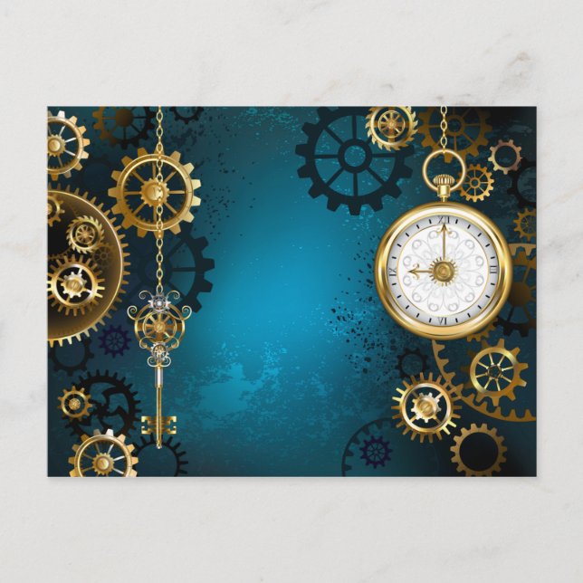 Steampunk turquoise Background with Gears Holiday Postcard (Front)