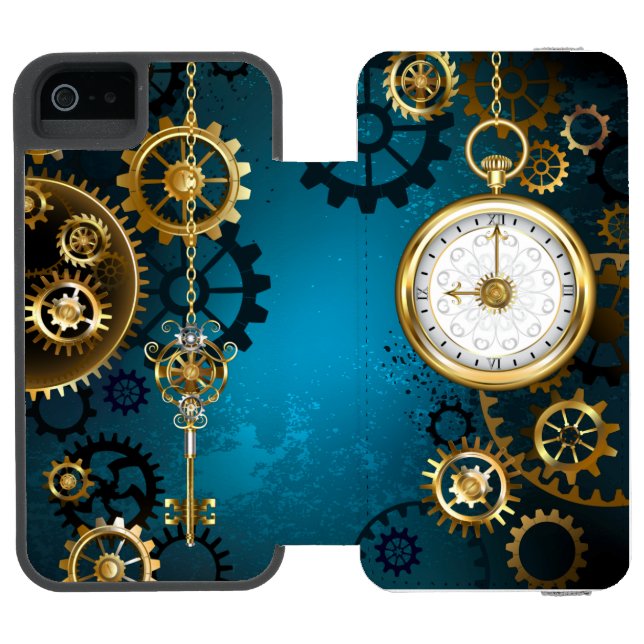 Steampunk turquoise Background with Gears Incipio iPhone Wallet Case (Folio Open)