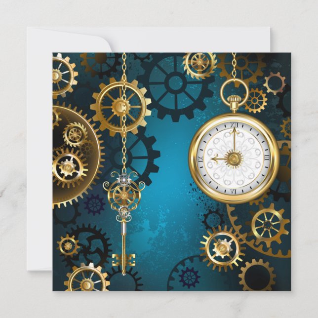 Steampunk turquoise Background with Gears Invitation (Front)