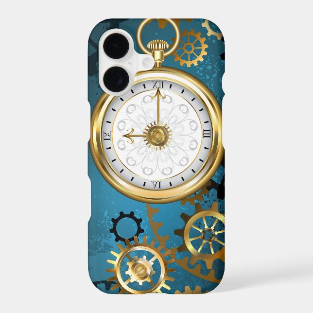 Steampunk turquoise Background with Gears iPhone Case (Back)