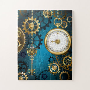 Steampunk turquoise Background with Gears Jigsaw Puzzle