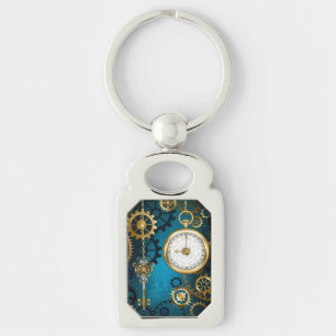 Steampunk turquoise Background with Gears Key Ring