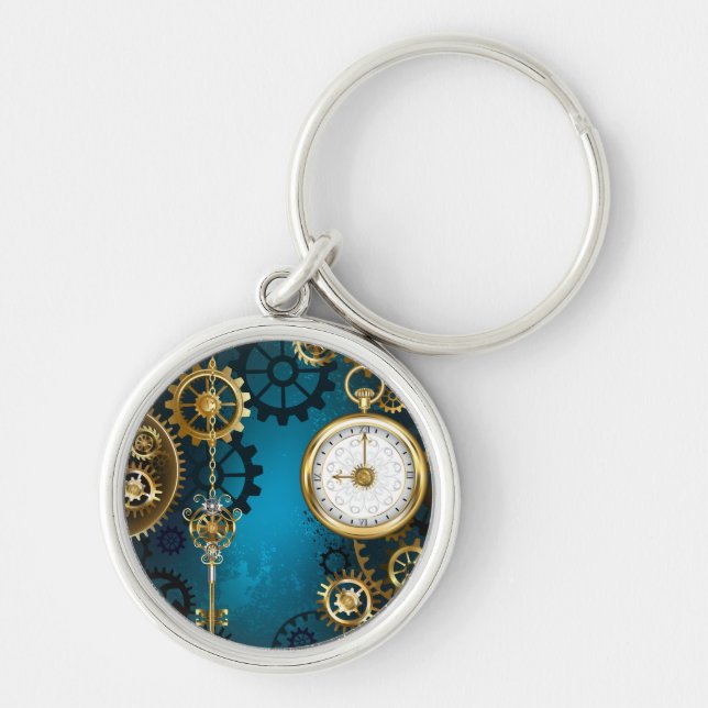 Steampunk turquoise Background with Gears Key Ring (Front)
