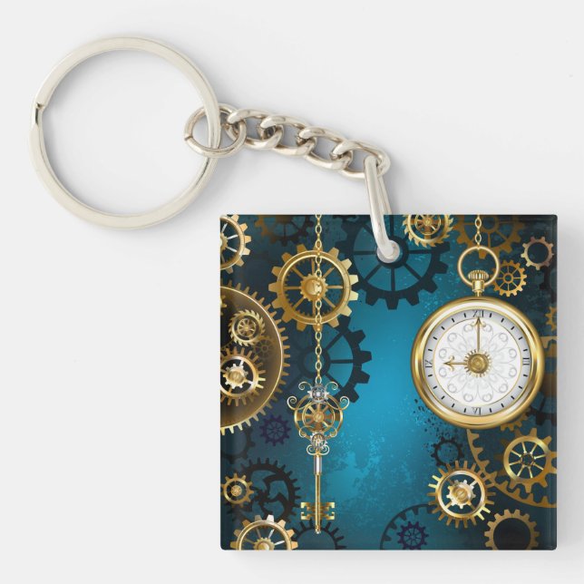 Steampunk turquoise Background with Gears Key Ring (Front)