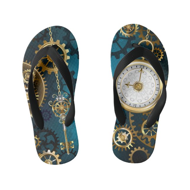 Steampunk turquoise Background with Gears Kid's Thongs (Footbed)