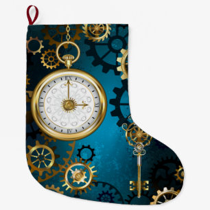 Steampunk turquoise Background with Gears Large Christmas Stocking