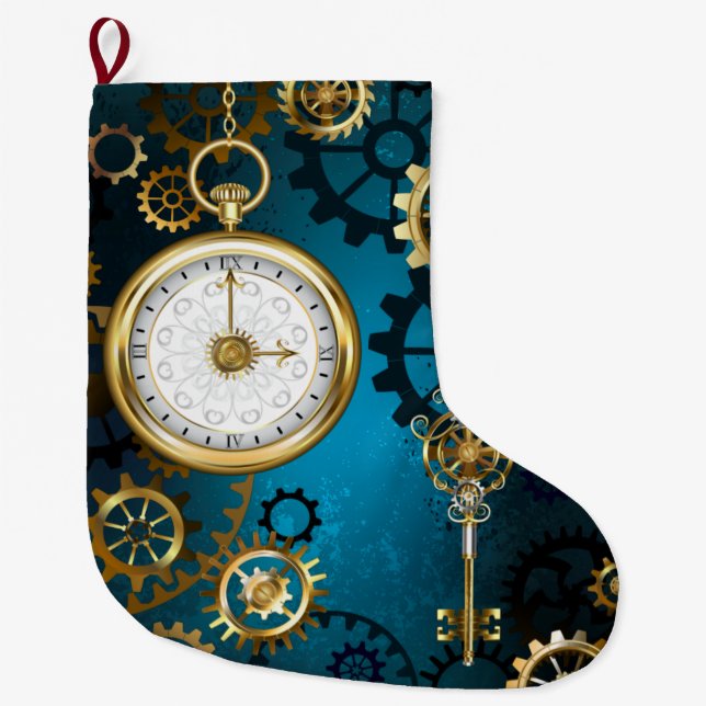 Steampunk turquoise Background with Gears Large Christmas Stocking (Front)