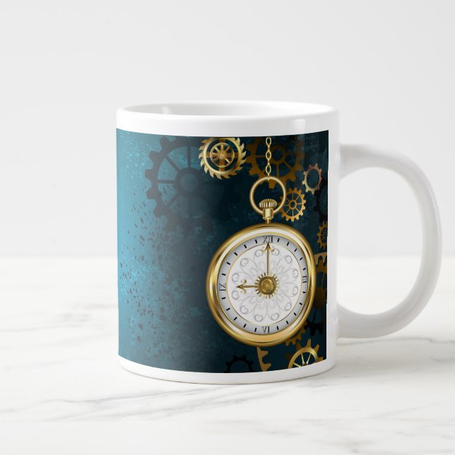 Steampunk turquoise Background with Gears Large Coffee Mug (Right)