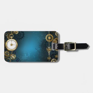 Steampunk turquoise Background with Gears Luggage Tag