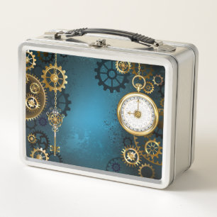 Steampunk turquoise Background with Gears Metal Lunch Box