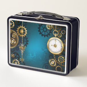 Steampunk turquoise Background with Gears Metal Lunch Box