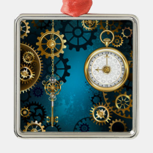 Steampunk turquoise Background with Gears Metal Ornament