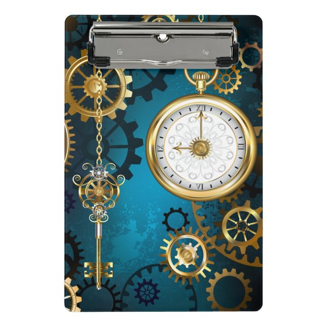 Steampunk turquoise Background with Gears Mini Clipboard (Front)
