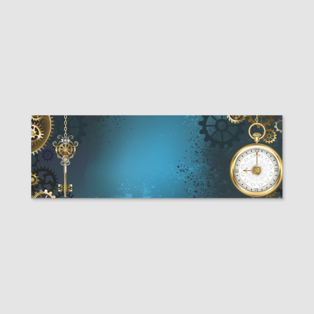 Steampunk turquoise Background with Gears Name Tag (Front)
