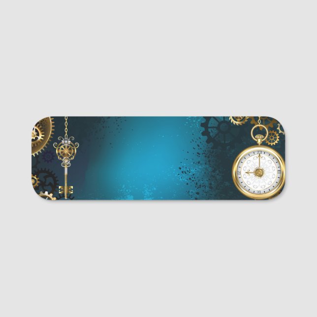 Steampunk turquoise Background with Gears Name Tag (Front)