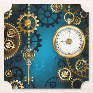 Steampunk turquoise Background with Gears Paper Coaster