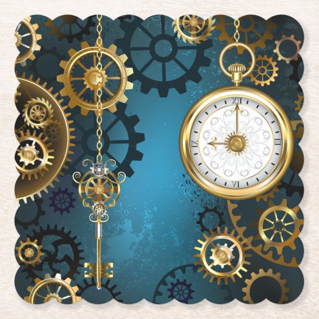 Steampunk turquoise Background with Gears Paper Coaster (Front)