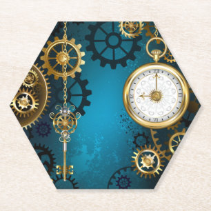 Steampunk turquoise Background with Gears Paper Coaster
