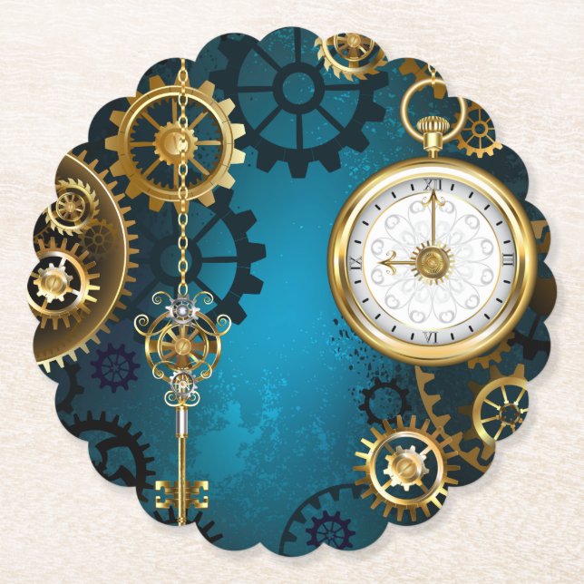 Steampunk turquoise Background with Gears Paper Coaster (Front)