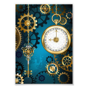 Steampunk turquoise Background with Gears Photo Print