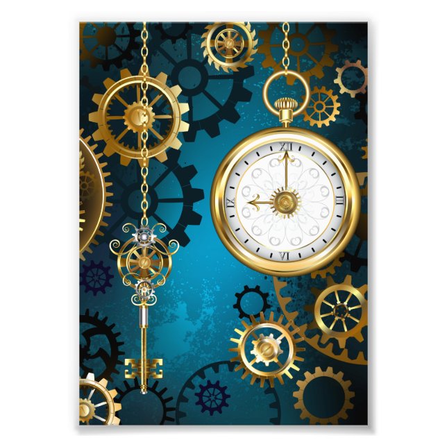 Steampunk turquoise Background with Gears Photo Print (Front)
