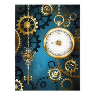 Steampunk turquoise Background with Gears Photo Print