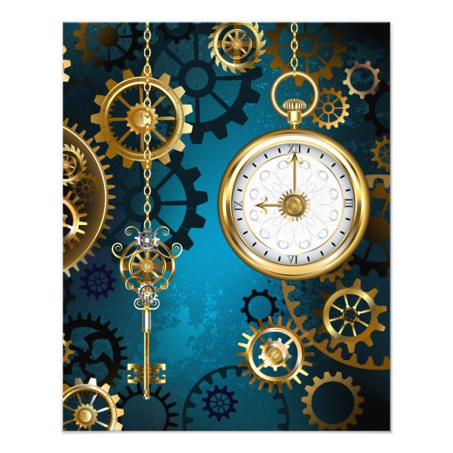 Steampunk turquoise Background with Gears Photo Print (Front)