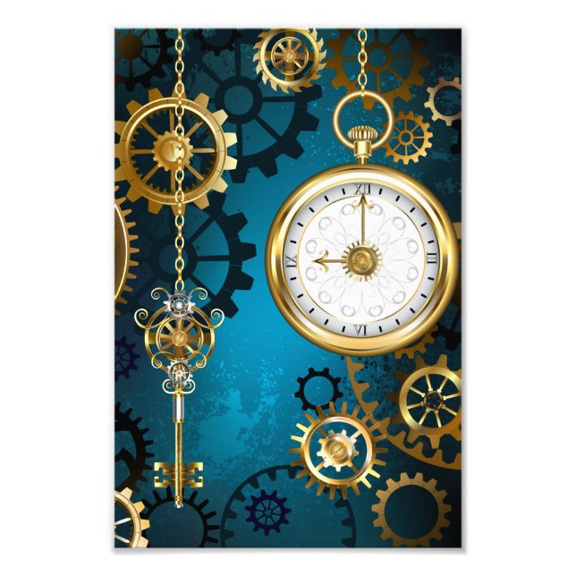 Steampunk turquoise Background with Gears Photo Print (Front)