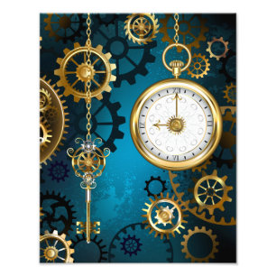 Steampunk turquoise Background with Gears Photo Print