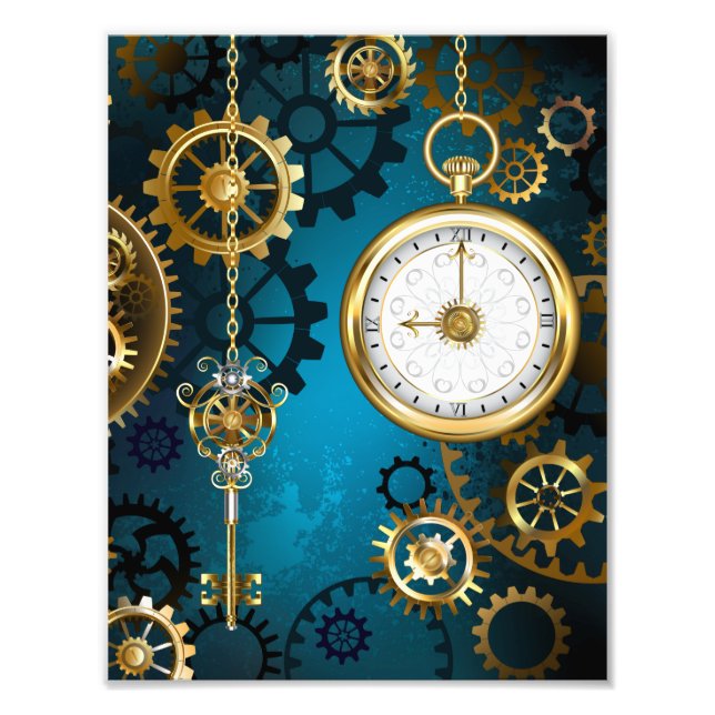 Steampunk turquoise Background with Gears Photo Print (Front)