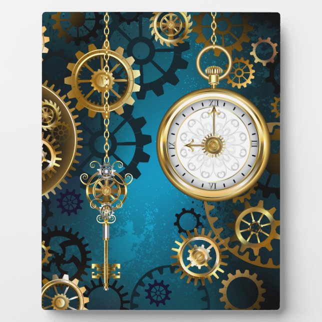 Steampunk turquoise Background with Gears Plaque (Front)