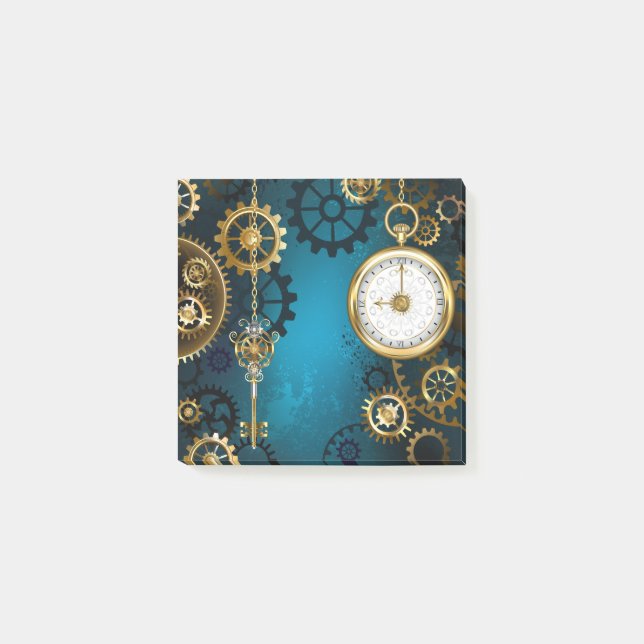 Steampunk turquoise Background with Gears Post-it Notes (Front)