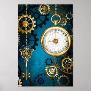 Steampunk turquoise Background with Gears Poster
