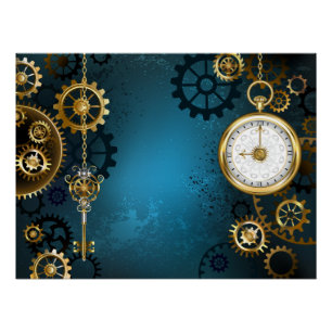 Steampunk turquoise Background with Gears Poster