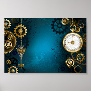 Steampunk turquoise Background with Gears Poster