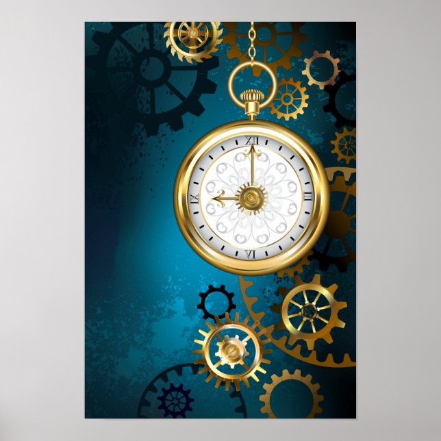 Steampunk turquoise Background with Gears Poster (Front)