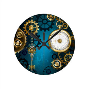 Steampunk turquoise Background with Gears Round Clock