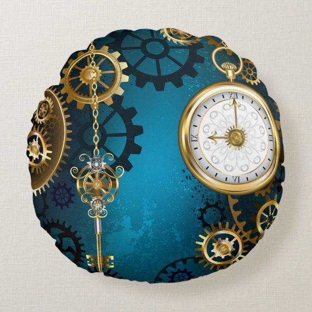 Steampunk turquoise Background with Gears Round Cushion (Front)