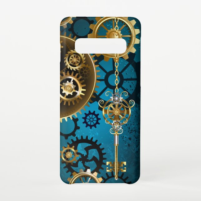 Steampunk turquoise Background with Gears Samsung Galaxy Case (Back)