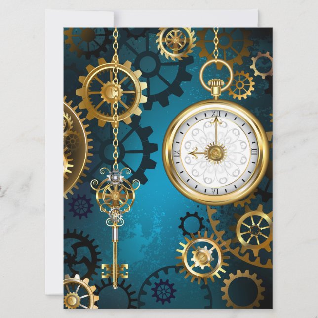 Steampunk turquoise Background with Gears Save The Date (Front)