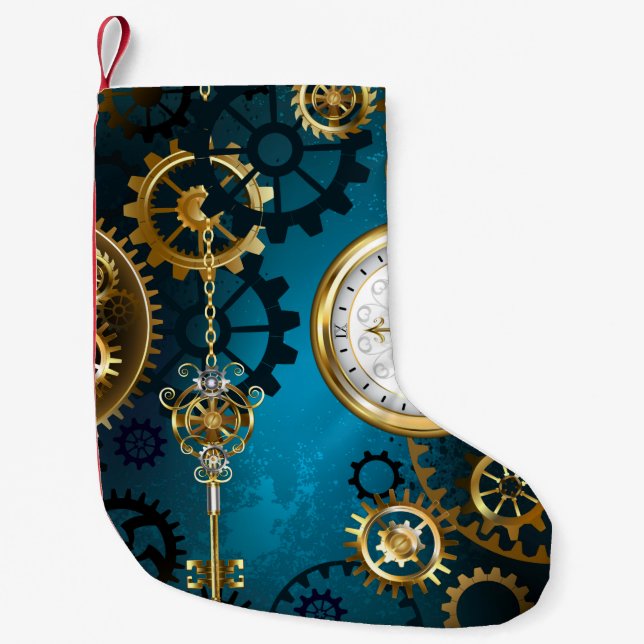 Steampunk turquoise Background with Gears Small Christmas Stocking (Front)
