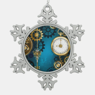 Steampunk turquoise Background with Gears Snowflake Pewter Christmas Ornament