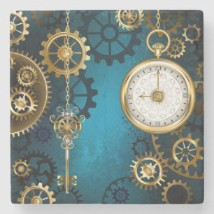 Steampunk turquoise Background with Gears Stone Coaster