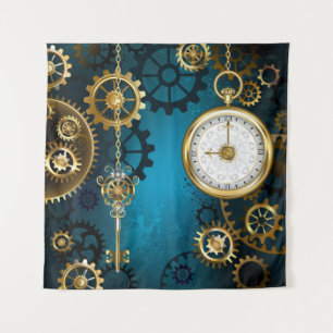 Steampunk turquoise Background with Gears Tapestry